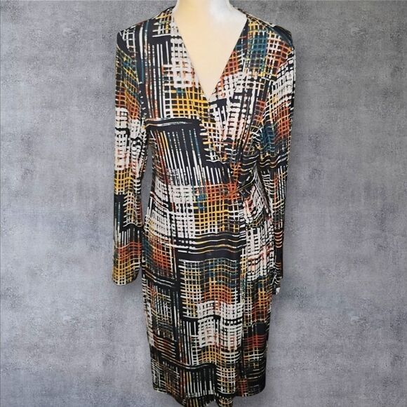 Women's Connected Apparel Metro Print Faux Wrap Dress With Pin Size 14 - Picture 1 of 10